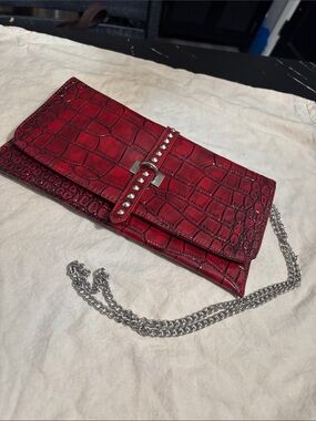 Red Embossed Chain Clutch with Stud Strap